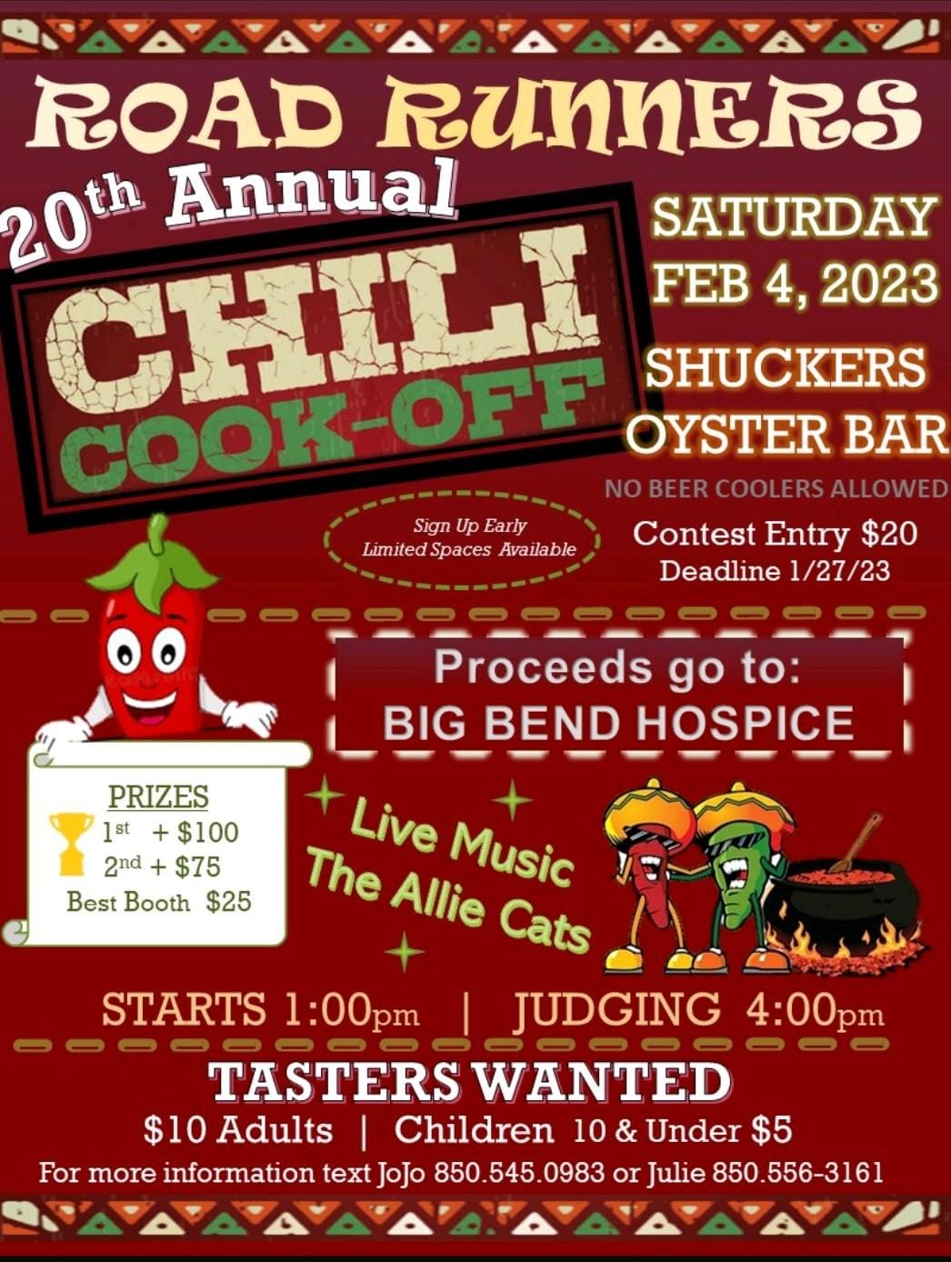 2023 Chili cookoff flyer for Saturday, February 4, 2023 event at Shuckers oyster bar. Proceeds benefit Big Bend Hospice. Live Music by the Allie Cats. $10 for adults, Children 10 & uner $5.