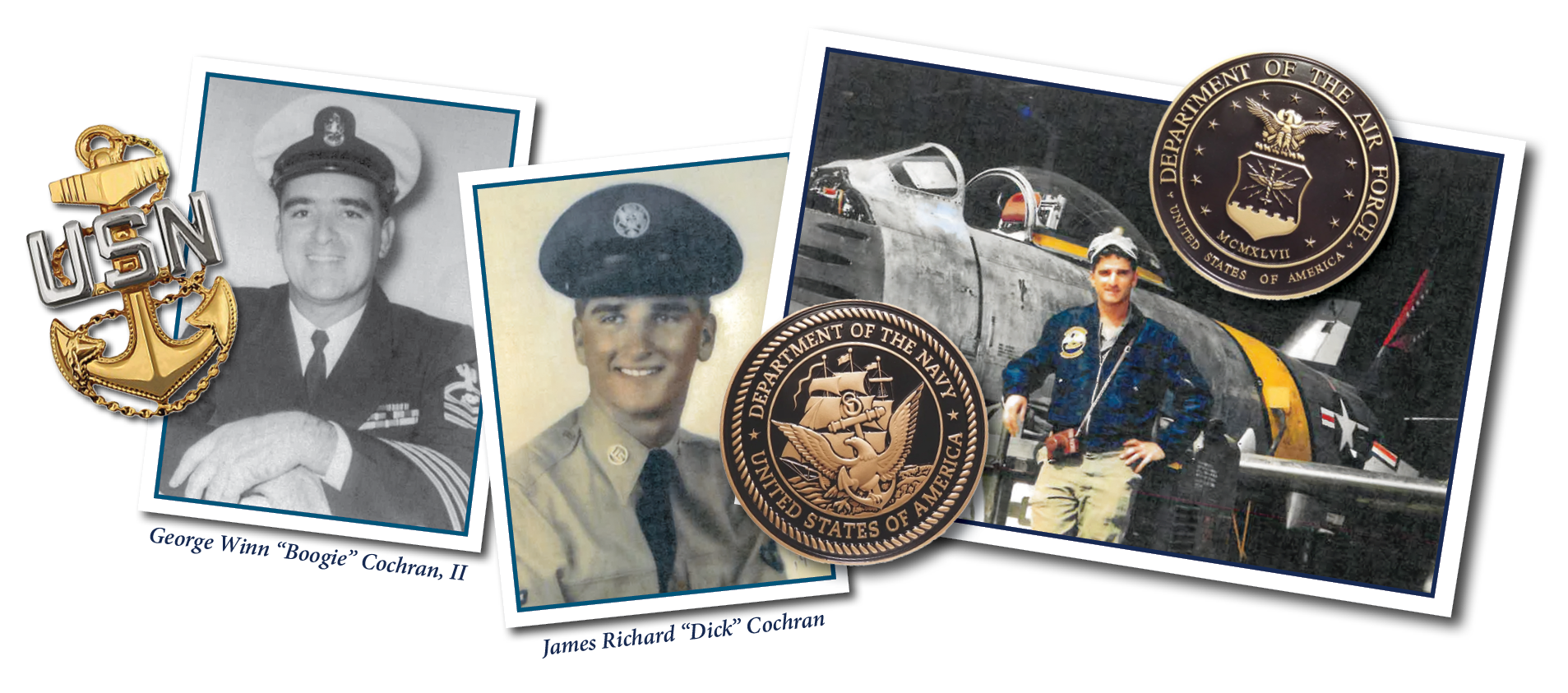 images of George and James in their military garb as well as military memorabilia form their service.