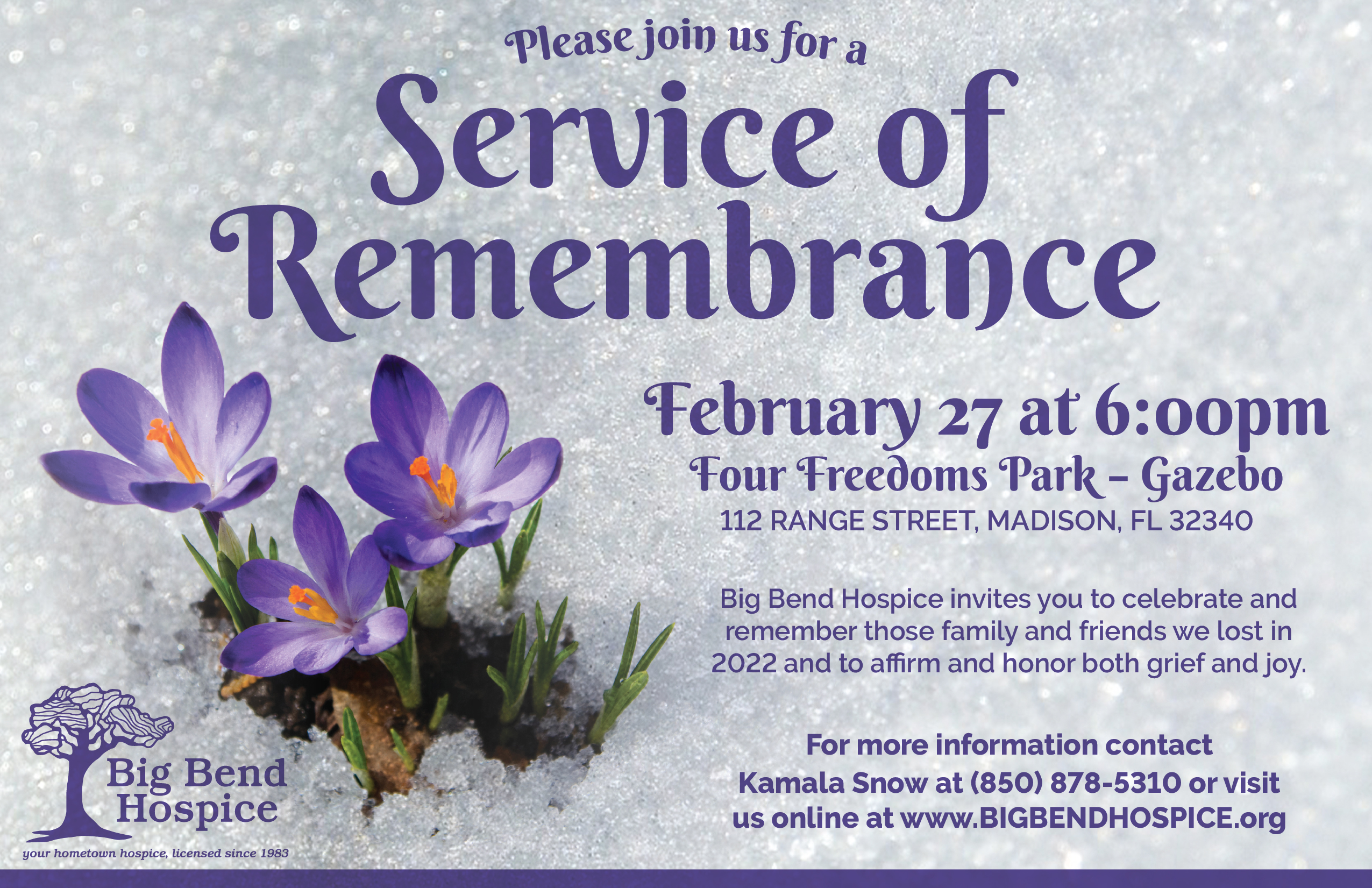 Madison County Service of Remembrance postcard featuring purple crocus in snow
