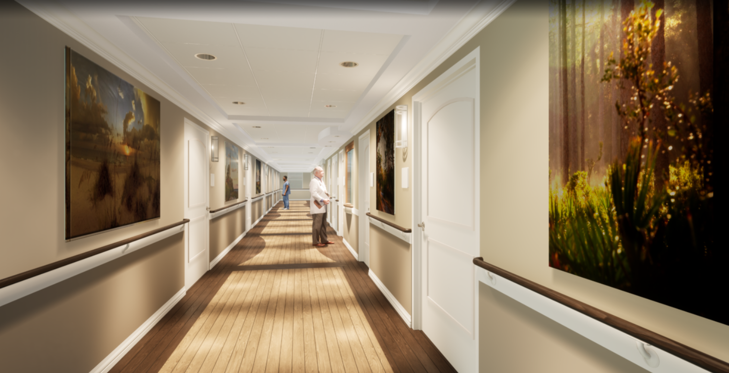 An artist's rendering of the main hallway at the First Commerce Center for Compassionate Care with painting from local artists and calming colors and lighting.