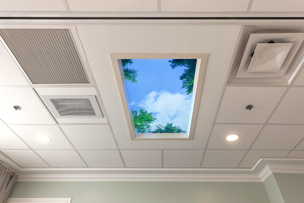 A digital skylight in one of the comfort suites at the First Commerce Center for Compassionate Care.