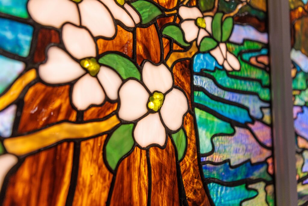 Close up view of the details on the stained glass wall at the First Commerce Center for Compassionate Care