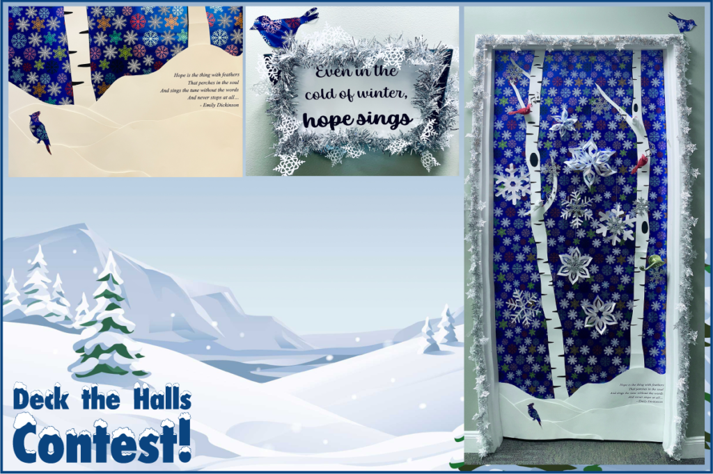 Blue snowflake wrapped door with white birch trees and birds and snowflakes on the trees.