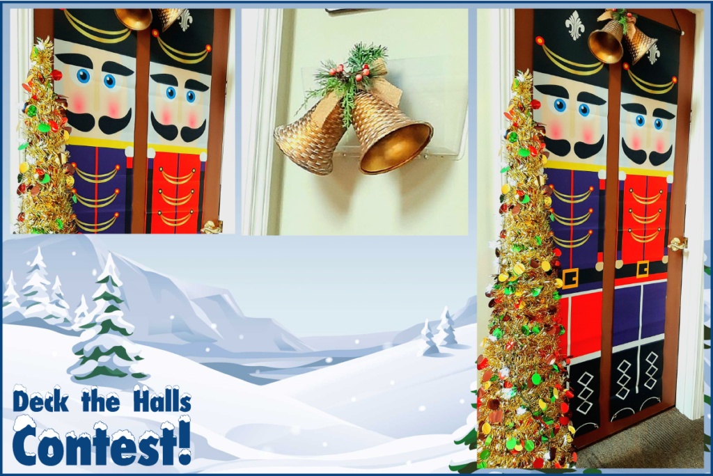 Door covered in two large images of nutcrackers with a gold tree to the side and gold bells.