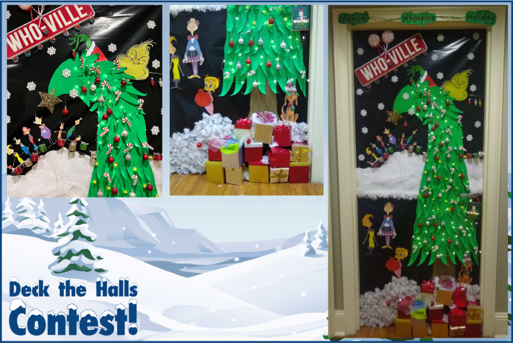 Grinch themed door won first prize in Fun and Festive Category. Black wrapped door with grinch hugging large green holiday tree and small who's singing and enjoying tree with presents around the base.