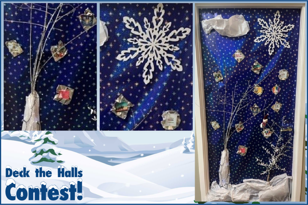 Blue covered door with snowflakes and presents and winter trees