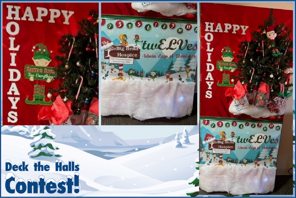 Red wrapped door with elves decorating a festive tree and the words Happy Holidays.