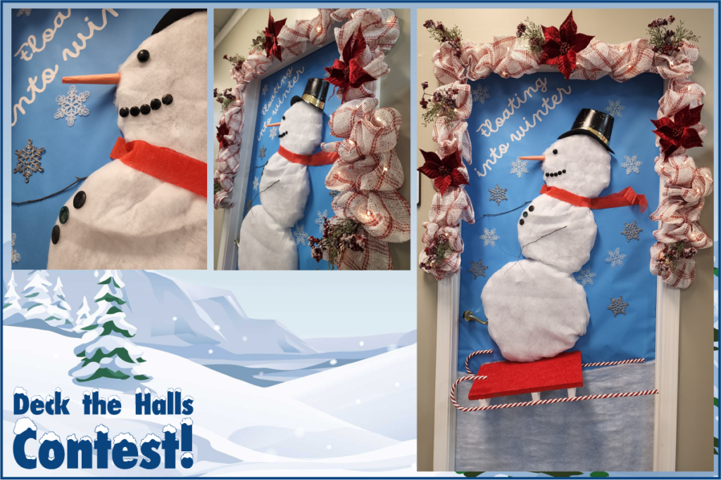 Door wrapped in blue paper with cotton snowman sledding across it.