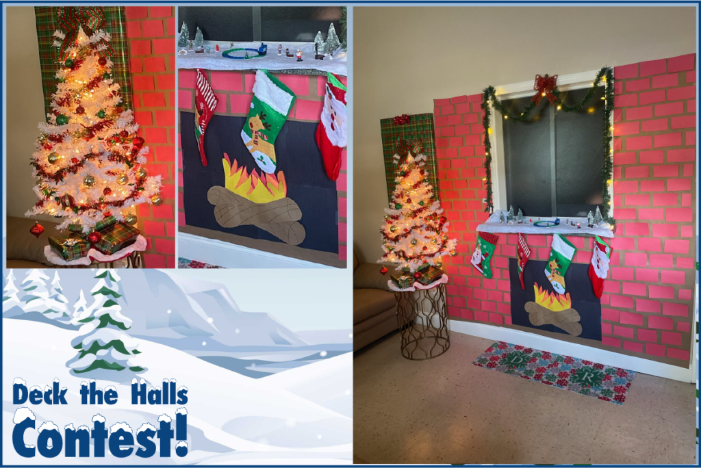Decorated wall with chimney and fake fire with stocking hung in front and pink holiday tree to the side.