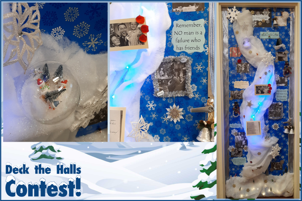 Wonderful Life themed door won first prize in Original and Creative Category. Blue door with white cotton snow running through it with quotes and scenes and items from the movie It's a Wonderful Life
