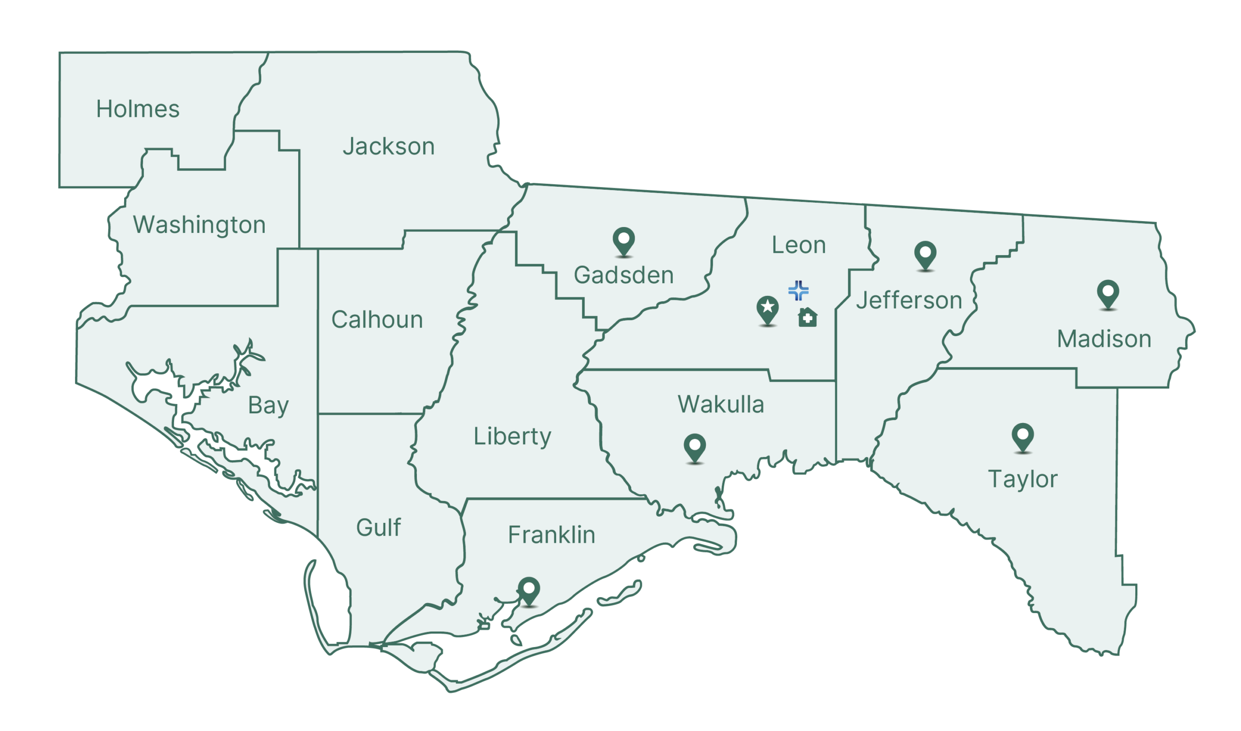 New Map 2026 V2 image of Big Bend Hospice Service area showing Holmes, Jackson, Washington, Bay, Gulf, Calhoun, Liberty, Gadsden, Franklin, Wakulla, Jefferson, Madison, Taylor and Leon County Florida.