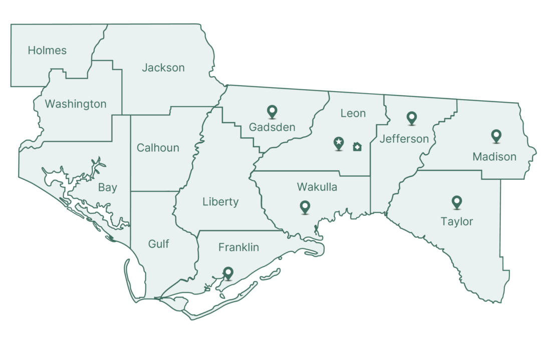 Map of Texas showing Big Bend Hospice service locations across multiple counties including Gadsden, Wakulla, Franklin, and others