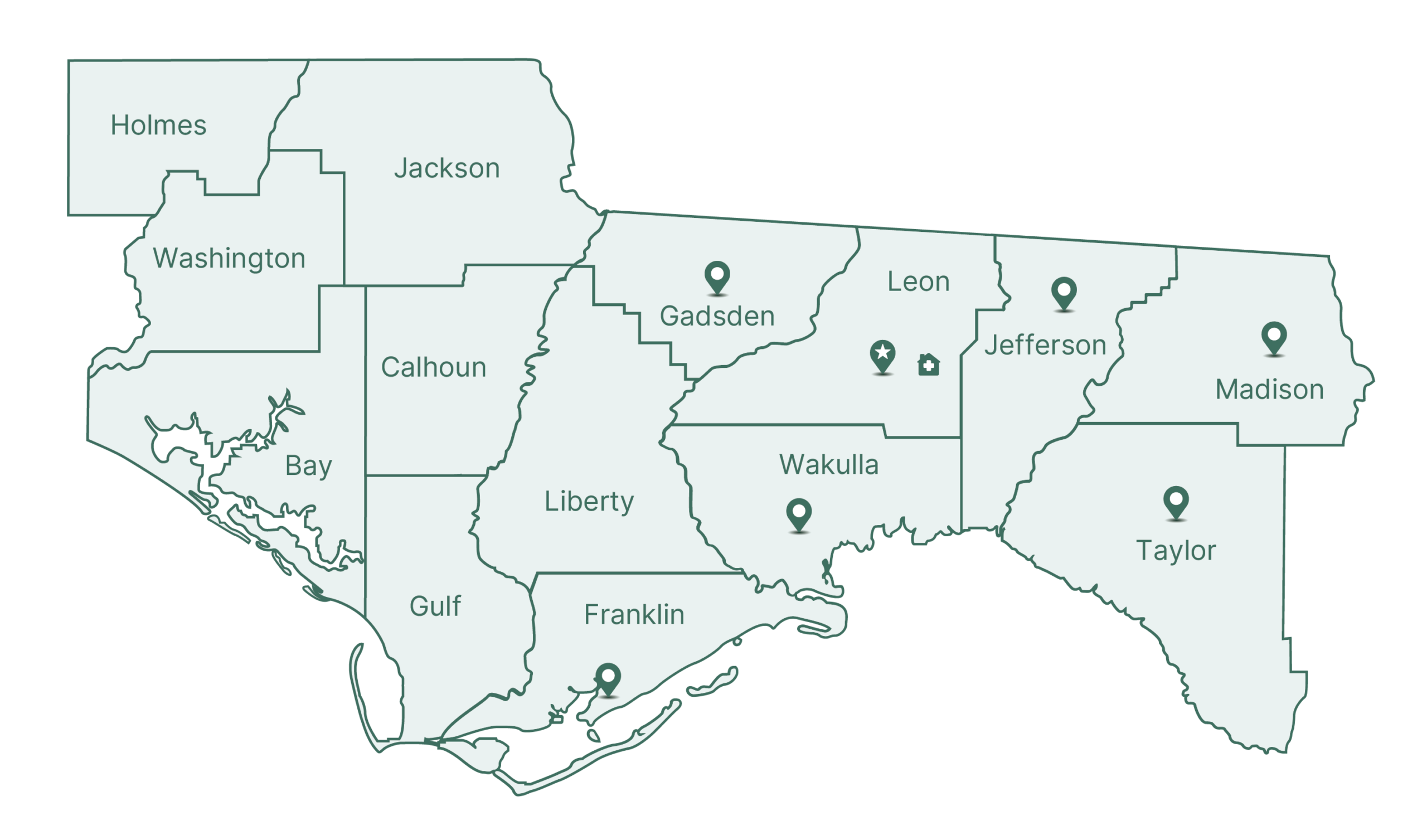 image of Big Bend Hospice Service area showing Holmes, Jackson, Washington, Bay, Gulf, Calhoun, Liberty, Gadsden, Franklin, Wakulla, Jefferson, Madison, Taylor and Leon County Florida.